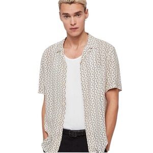 AllSaints ‘Music Notes’ Short Sleeve Button Up Shirt in Cream & Black Size M